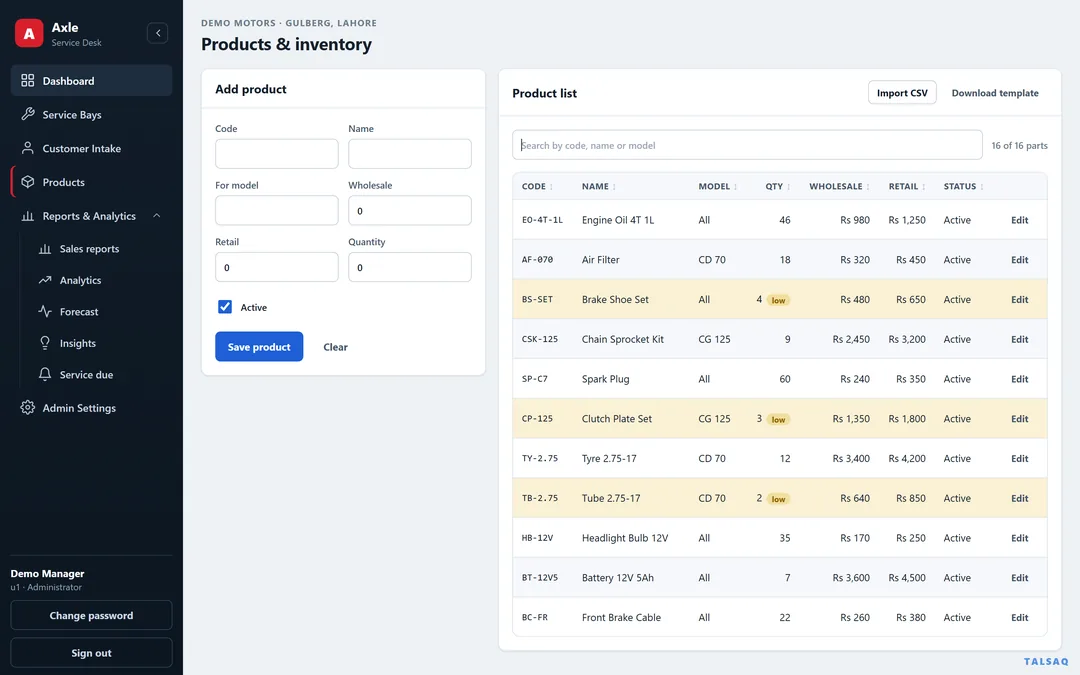 Axle screenshot with demo data. Spare parts inventory with low-stock warnings