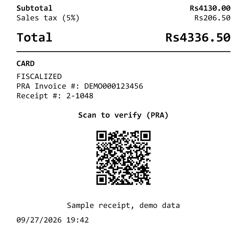 PRA POS Integration screenshot with demo data. The PRA invoice number and verification QR code printed on the receipt